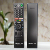 Two remote controls, one labeled 'Remote Hut' and the other 'Sony', on a white background.